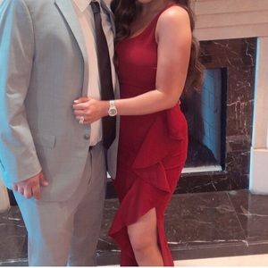 Red One Shoulder Ruffle Slit Dress